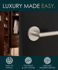 Rock Solid Satin Nickel Dummy Lever Door Handle Set For Closets Or French Doors With Plug And Play Hardware And Hassle Free Install Total Breeze Two Pack Single Sided Design on a black door.