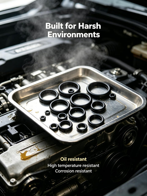Premium 250 Piece O Ring Assortment Kit With 15 Sizes Nitrile Rubber Seals in engine bay on tray