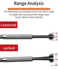 Range analysis of a Four Piece Dial Bore Gauge Set showing loosened and locked states for measuring 10-13mm holes.