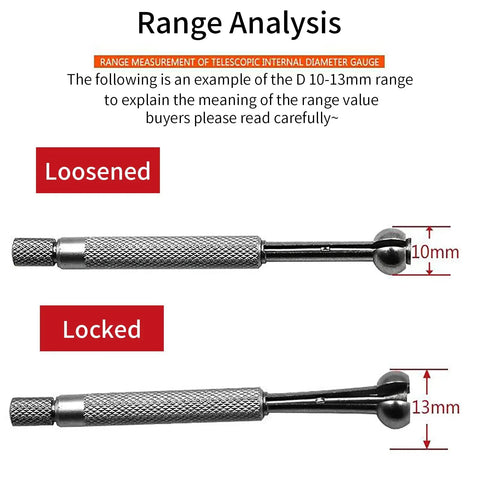 Range analysis of a Four Piece Dial Bore Gauge Set showing loosened and locked states for measuring 10-13mm holes.