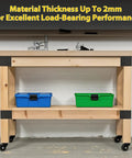 Heavy Duty 3-Way Corner Bracket Kit For 4x4 And 2x4 Woodwork, installed on wooden workbench with metal brackets.