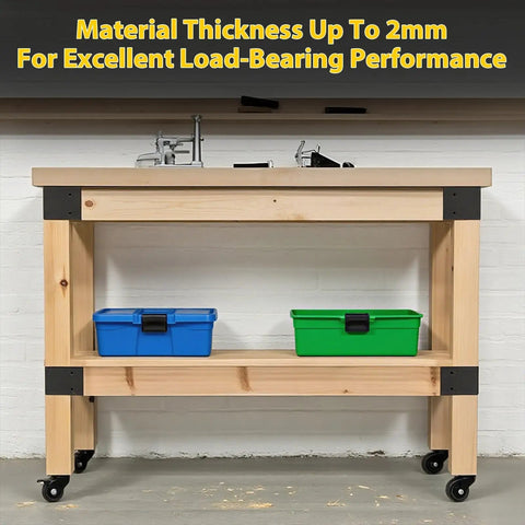Heavy Duty 3-Way Corner Bracket Kit For 4x4 And 2x4 Woodwork, installed on wooden workbench with metal brackets.