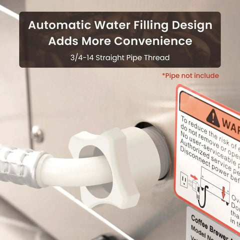 Close-up of the automatic water filling design on a 12-Cup Commercial Drip Coffee Maker With Three Lower Warmers And Glass Decanters.
