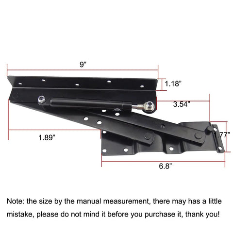 Folding Lift Top Table Mechanism Hardware Set With Gas Hydraulic Support dimensions showing heavy duty steel hinges.