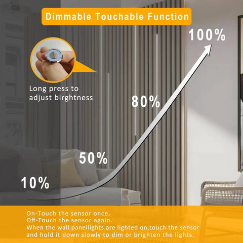 Dimmable touch switch instructions for Eight Pack 3000K LED Lights for wood slat walls and WPC panels, showing brightness adjustment.