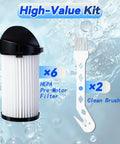 6 Pack HEPA Pre Motor Filter Replacement With Extra Hand Brushes Fits Eye Vac And Neo Vac Touchless Stationary Vacs, includes 6 filters and 2 brushes.