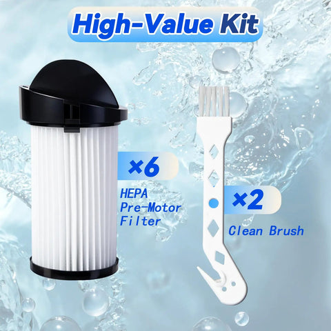 6 Pack HEPA Pre Motor Filter Replacement With Extra Hand Brushes Fits Eye Vac And Neo Vac Touchless Stationary Vacs, includes 6 filters and 2 brushes.