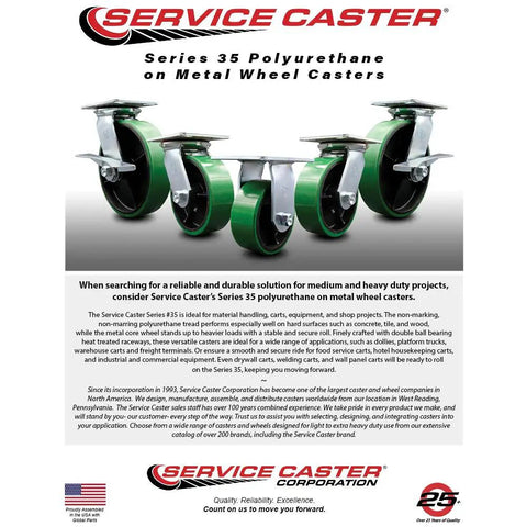 Heavy Duty Large Top Plate Polyurethane On Cast Iron Swivel Caster With 8 Inch Green Wheel and Secured Bolt Lock Bearing 1250 Lbs Capacity smooth operator set of four.