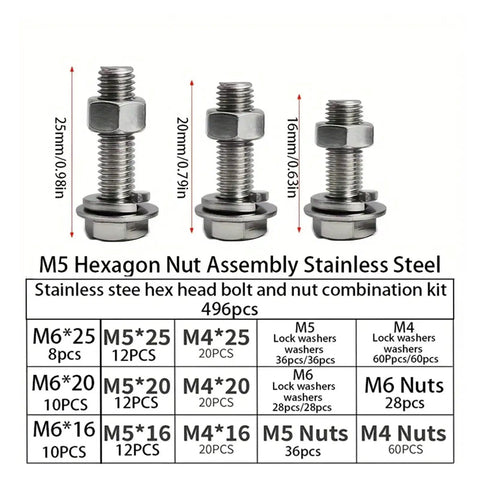 Stainless steel hex bolts and nuts in 496-piece kit with measurements for All In One 496 Piece Stainless Steel Hex Head Bolt And Nut Kit For Home Shop And Auto Use Built Tough Heavy Duty Fasteners With Standard Threads Wrench Ready Variety Of Sizes For Quick Fixes And Secure Connections