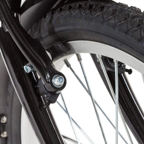 Side view of a bike wheel with V Bike Brake Pads With Hex Nuts And Spacers Set 70 Mm Black Designed For Durable V Brakes on tire