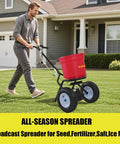 Man using 50 Pound Lawn And Fertilizer Spreader With Rustproof Poly Hopper And Epoxy Coated Frame, All Terrain Pneumatic Tires, Adjustable Drop Rate