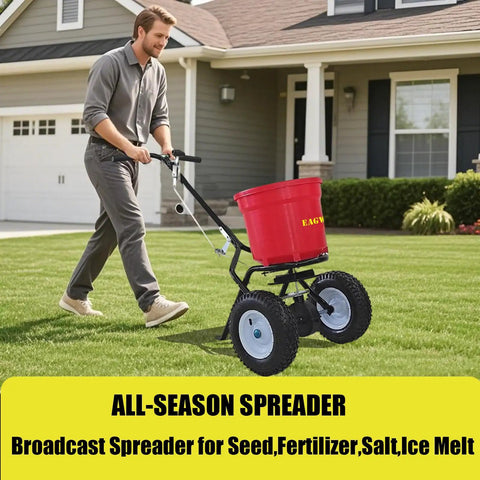 Man using 50 Pound Lawn And Fertilizer Spreader With Rustproof Poly Hopper And Epoxy Coated Frame, All Terrain Pneumatic Tires, Adjustable Drop Rate