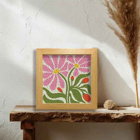 Flower Punch Needle Kit For Beginners Easy Embroidery Starter Set with daisy design in square frame 9.4 by 9.4 inches