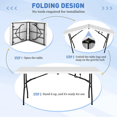 Instruction guide for Heavy Duty 6 Foot Folding Table Portable Fold In Half Utility Table with images of setup steps