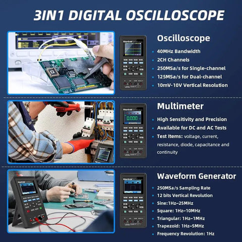 3 In 1 Handheld Oscilloscope With 40 MHz 2 Channel Automatic Digital Oscilloscope, Multimeter And Waveform Generator