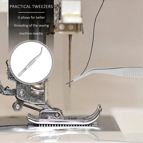 Curved nose tweezers threading a sewing machine needle from the 7 Piece Sewing Machine Cleaning Kit With Curved Nose Tweezers Double Ended Brush Needle Plate Screwdriver And Four Short Screwdrivers For Easy Home Repair And Routine Machine Maintenance.