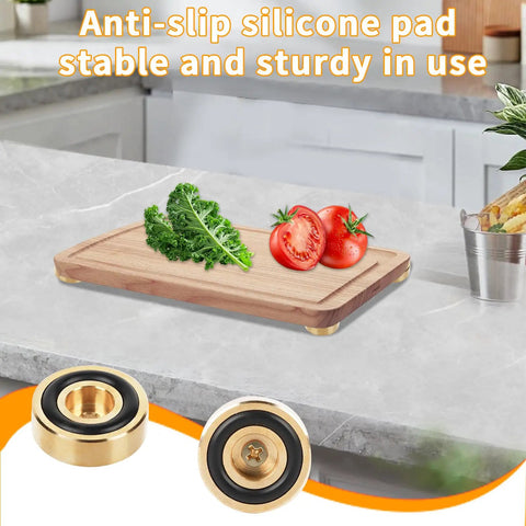 Cutting board with 8 Piece Brass Cutting Board Feet Non Slip With Silicone Pads And Screws Kit, vintage brass tone on kitchen counter.