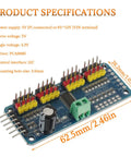 Image of the Sixteen Channel PWM Servo Driver Board With 12 Bit I2C Interface PCA9685 Module, showing product specifications in text.