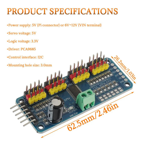 Image of the Sixteen Channel PWM Servo Driver Board With 12 Bit I2C Interface PCA9685 Module, showing product specifications in text.