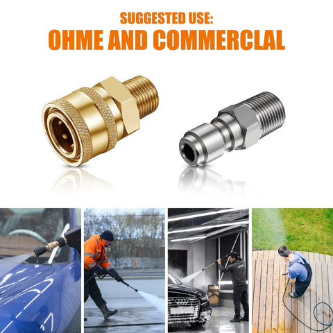 Close-up of brass and steel 1/4 in NPT pressure washer quick-connect couplers (male/female), 4 pairs.