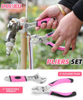 Close-up of pink slip joint plier and adjustable wrench from the Pink Tool Kit For Women 140 Piece Home DIY Essentials In A 14 Inch Storage Bag, used on tap.