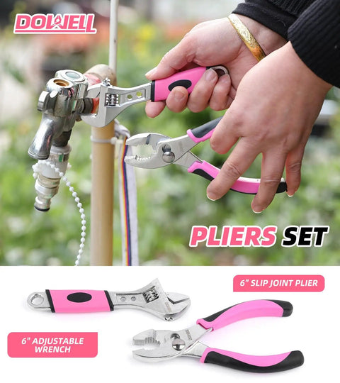 Close-up of pink slip joint plier and adjustable wrench from the Pink Tool Kit For Women 140 Piece Home DIY Essentials In A 14 Inch Storage Bag, used on tap.