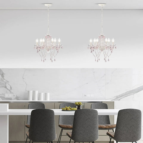 White Crystal Chandelier With Pink Droplets And Strands 6 Light Candle Style Ceiling Fixture For Bedroom Or Dining Vintage Glam Lighting