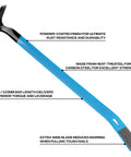 21 Inch Flat Pry Bar With Heat Treated Forged Steel Construction And Powder Coated Finish, featuring leverage details and extra-wide blade.