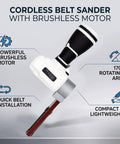 NoSweat 12V Cordless Detail Belt Sander, Brushless Motor features powerful motor, rotating arm, and quick belt installation.