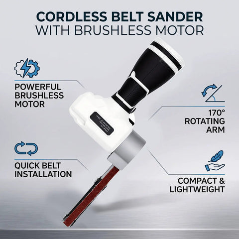 NoSweat 12V Cordless Detail Belt Sander, Brushless Motor features powerful motor, rotating arm, and quick belt installation.