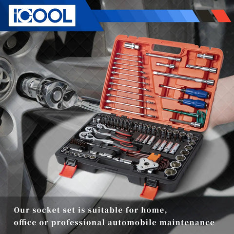 Workhorse 121 Piece Drive Socket Set With 1/4 Inch 3/8 Inch 1/2 Inch Sockets 72-Tooth Quick Release Reversible Ratchet for Auto Maintenance