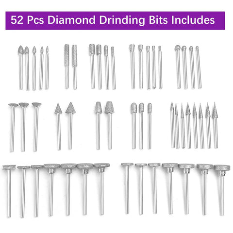 52-piece Pro Grade Stone Carving Set With Diamond Grinding Bits For Dremel And Other Rotary Tools, arranged in rows