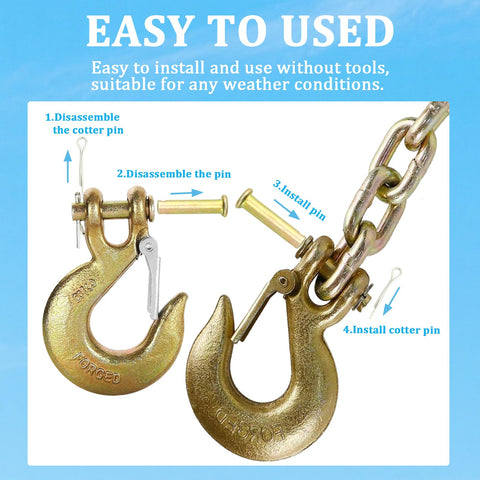 Diagram showing steps to use Two Pack Heavy Duty Clevis Hooks Three Eighths Inch Forged Steel With Safety Latch G70 Rated 18000 Lbs Capacity