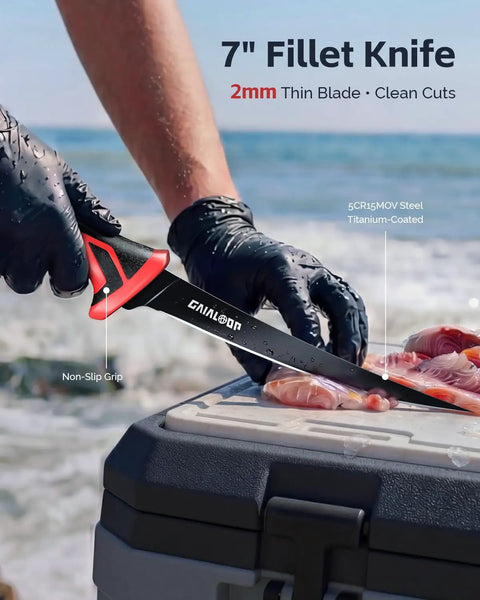 Person using fillet knife from 7 Piece Fishing Tools Kit With Fillet Knife Split Ring Pliers Braid Scissors Fish Gripper 35 Inch Ruler Sharpener And Lanyard For Saltwater And Freshwater Go To Gear Gift For Men on beach.