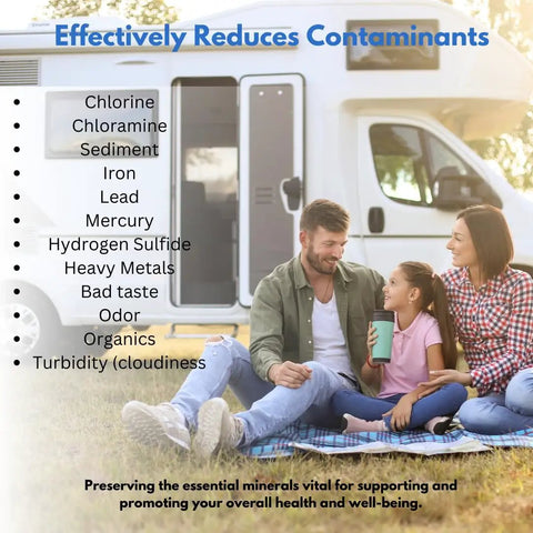 Image of family enjoying time near RV, highlighting contaminants reduced by Pro Grade RV Water Filter and Hose Protector.
