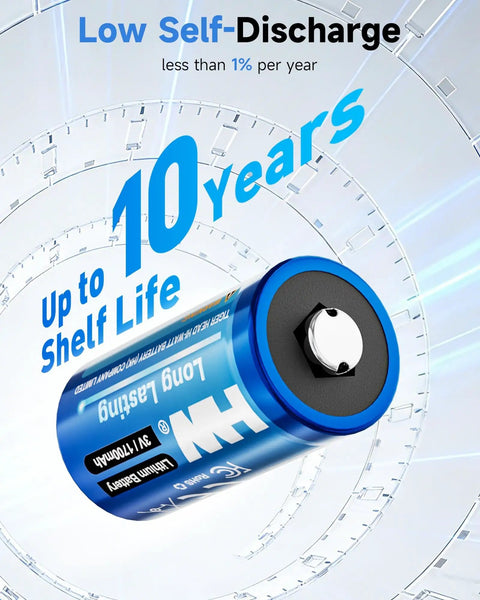 Kick Ass Heavy Duty CR123A 3V Lithium Batteries 6 Pack With 1700MAH Killer Capacity showing long lasting 10 year shelf life.
