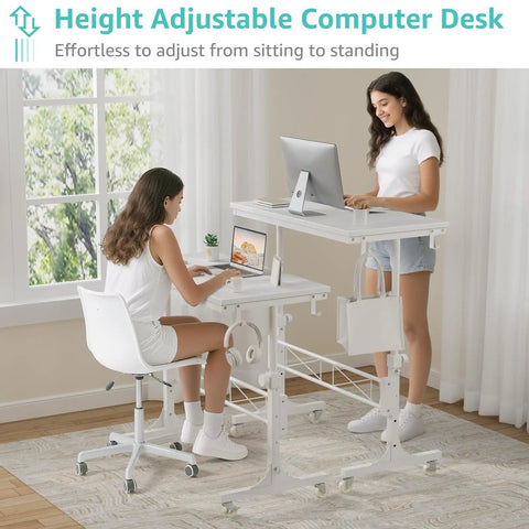 Portable Treadmill Walking Pad Desk On Wheels With Height Adjustable Stand Up Table For Home Office 32 Inch Wide White Mobile Laptop Desk