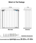 Walk Through Baby Gate With Auto Close Metal Expandable Gate For Stairs And Doorways Pressure Mount Setup Includes 11 Inch Extension 44 Inch Wide White Kid And Pet Safe Easy Install illustration of main gate, extension, and accessories