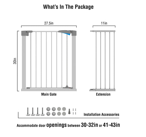 Walk Through Baby Gate With Auto Close Metal Expandable Gate For Stairs And Doorways Pressure Mount Setup Includes 11 Inch Extension 44 Inch Wide White Kid And Pet Safe Easy Install illustration of main gate, extension, and accessories