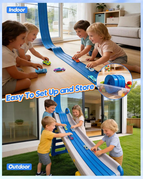 Kids playing with Three Lane Flex Track Race Set, 15 Ft Portable DIY Racetrack With Six Diecast Cars, 1 64th Scale Compatible, indoors and outdoors.