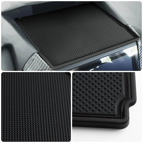 Silicone dashboard mat installed in Subaru, close-up detail of pattern. Subaru Dashboard Mats For Forester Crosstrek Impreza 2018 2024 Upgrade Silicone Interior Dash Pad Liner All Black Heat Resistant Non Slip Easy Clean Keeps Your Cabin Looking Fresh.