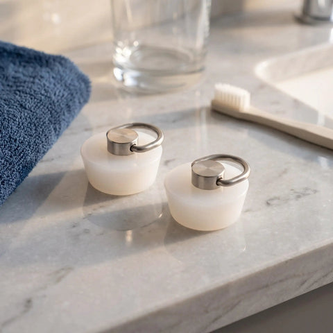 Two White Drain Stoppers with Stainless Steel Rings on a marble countertop, featuring a silicone seal plug design.