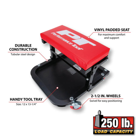 Foldable C Frame Creeper Rolling Work Seat With Tool Tray For Mechanics In Garages And Shops Black Red 12 And A Half Inch Height