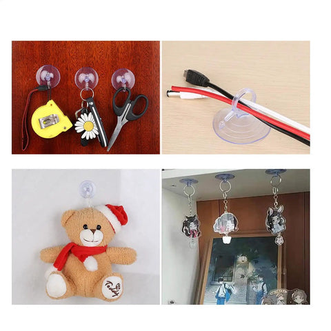 Super Strong Suction Cup Hooks For Bathroom Wall 10 Pack holding scissors, tape measure, and toys on smooth surfaces.