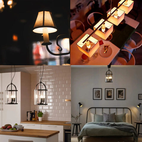 Frosted LED Candelabra Bulbs E26 Base 2W Dimmable Soft White 3000K 25W Equivalent Antique Edison Style B11 Candle Filament Lights for Chandelier and Ceiling Fan 8 Pack lighting up various home interiors in different fixtures.