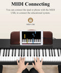 Person using 61 Key Starter Keyboard Piano With Classic Wooden Frame Electric Digital Piano Sustain Pedal Music Stand USB MP3 Audio Mic and Headphone Support Kid Friendly Gift For Girls Daughter Birthday with tablet connected via USB MIDI.