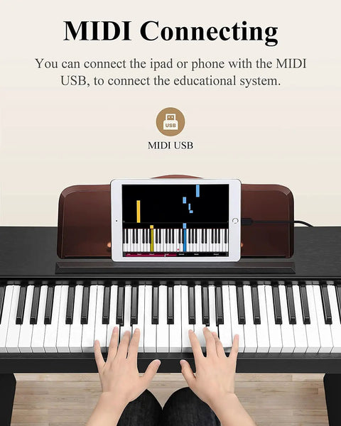 Person using 61 Key Starter Keyboard Piano With Classic Wooden Frame Electric Digital Piano Sustain Pedal Music Stand USB MP3 Audio Mic and Headphone Support Kid Friendly Gift For Girls Daughter Birthday with tablet connected via USB MIDI.