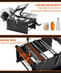 Round Bottle Labeling Machine With Handle For Wine Beer And Water, features adjustable wheels and fixing device for various bottle sizes.