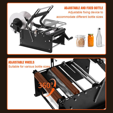 Round Bottle Labeling Machine With Handle For Wine Beer And Water, features adjustable wheels and fixing device for various bottle sizes.