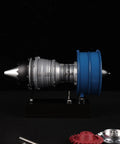 Ultra Realistic Mini Metal Turbofan Engine Model Kit That Actually Runs, side view with exposed blue fan, 1:20 scale